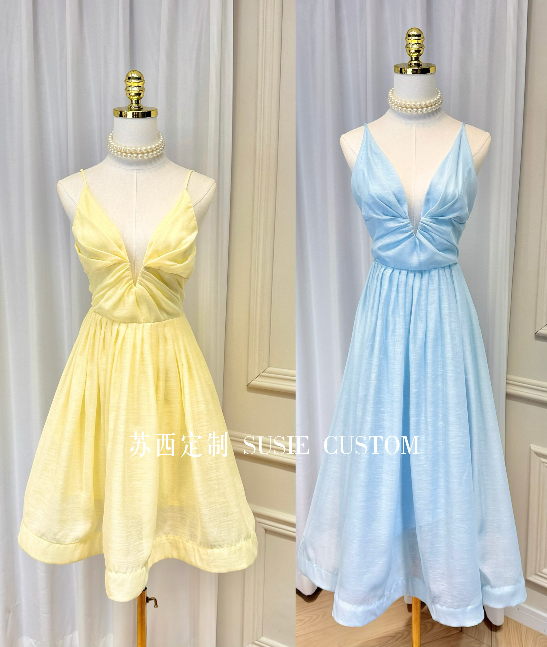 高定制小众设计款深V领褶皱收腰大摆吊带长裙连衣裙度假风裙子