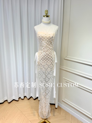 高定轻奢网纱挂脖绑带鱼鳞状亮片串珠蝴蝶结飘带长裙生日礼服裙