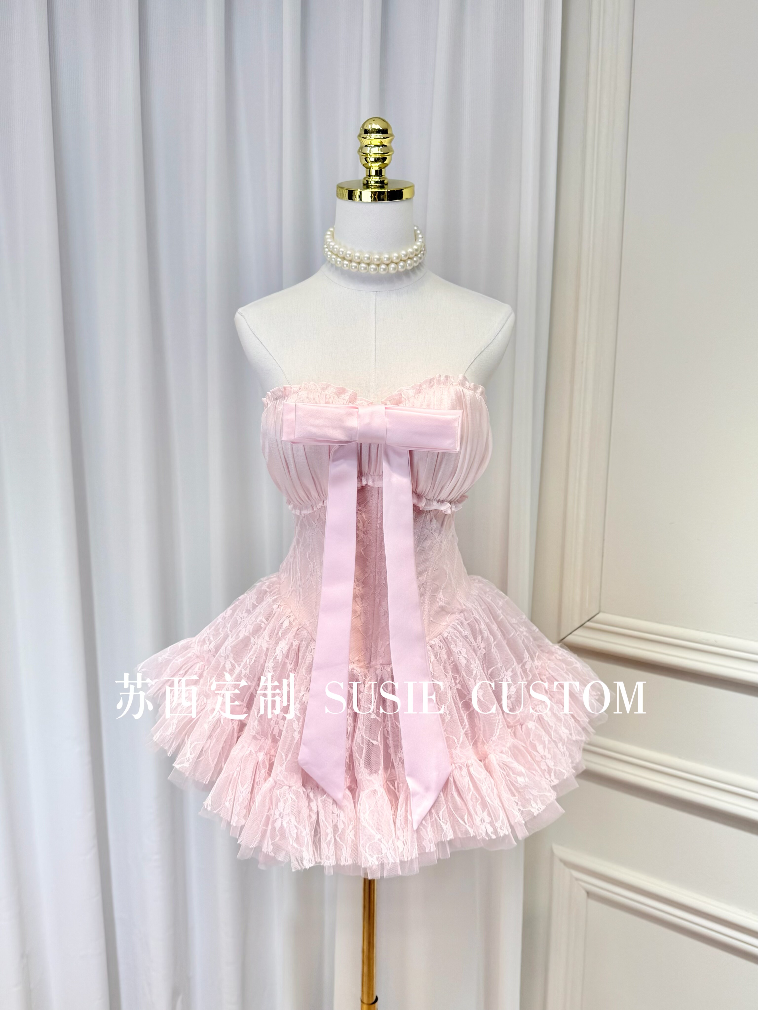 高定公主款可拆卸蝴蝶结带胸垫鱼骨蕾丝网纱蓬蓬裙洋装生日礼服裙