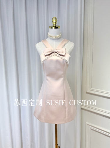 高定设计法式公主蝴蝶结珍珠抹胸肩带背心收腰A字缎面生日礼服裙