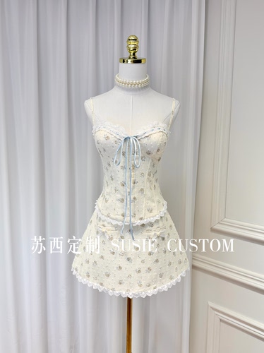 高定越南小众设计款法式甜妹蕾丝边绑带胸衣吊带A摆短裙裤两件套