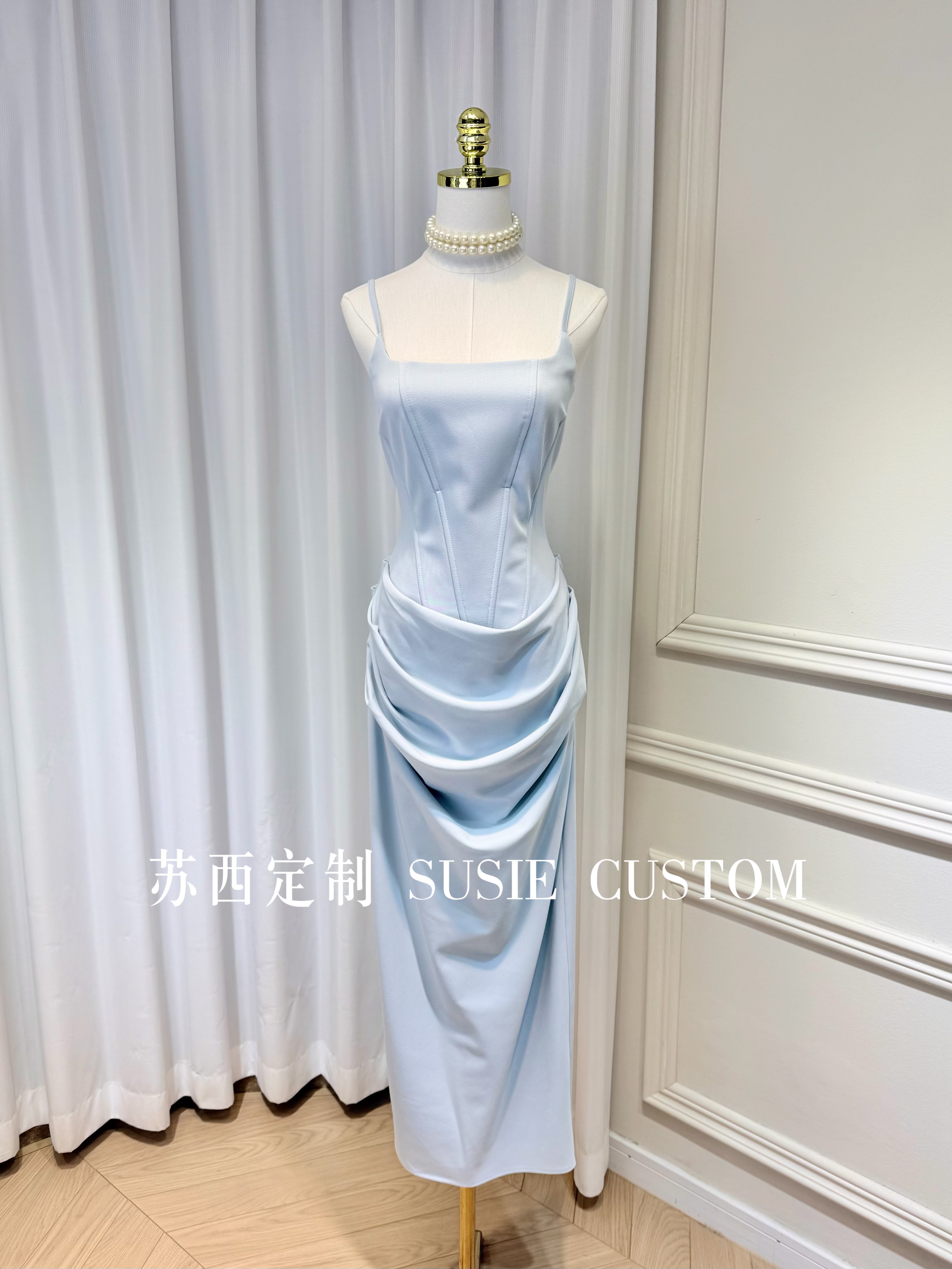 高定设计款御姐方领吊带鱼骨收腰褶皱包臀开叉吊带长裙生日礼服裙