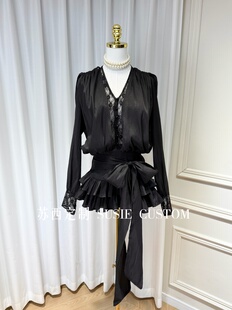 高定越南小众设计款 微透V领蕾丝拼接蝴蝶绑带荷叶边短裙配打底裤