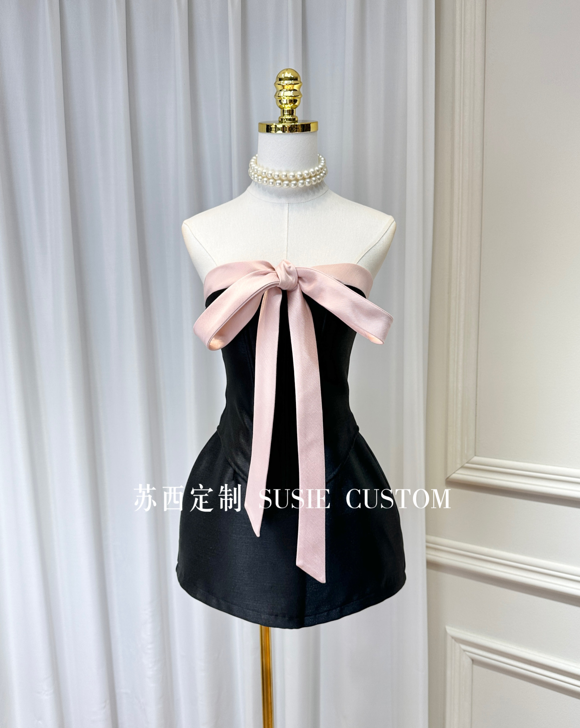 高定越南小众设计款撞色绑带蝴蝶结鱼骨抹胸上衣高腰A字裙裤套装