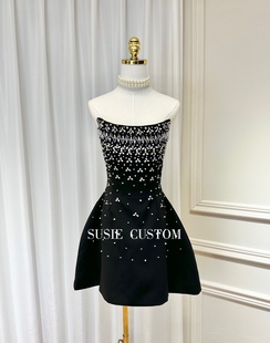 轻奢重工一字领鱼骨抹胸满钻水钻装 饰收腰A字花苞裙摆抹胸礼服裙