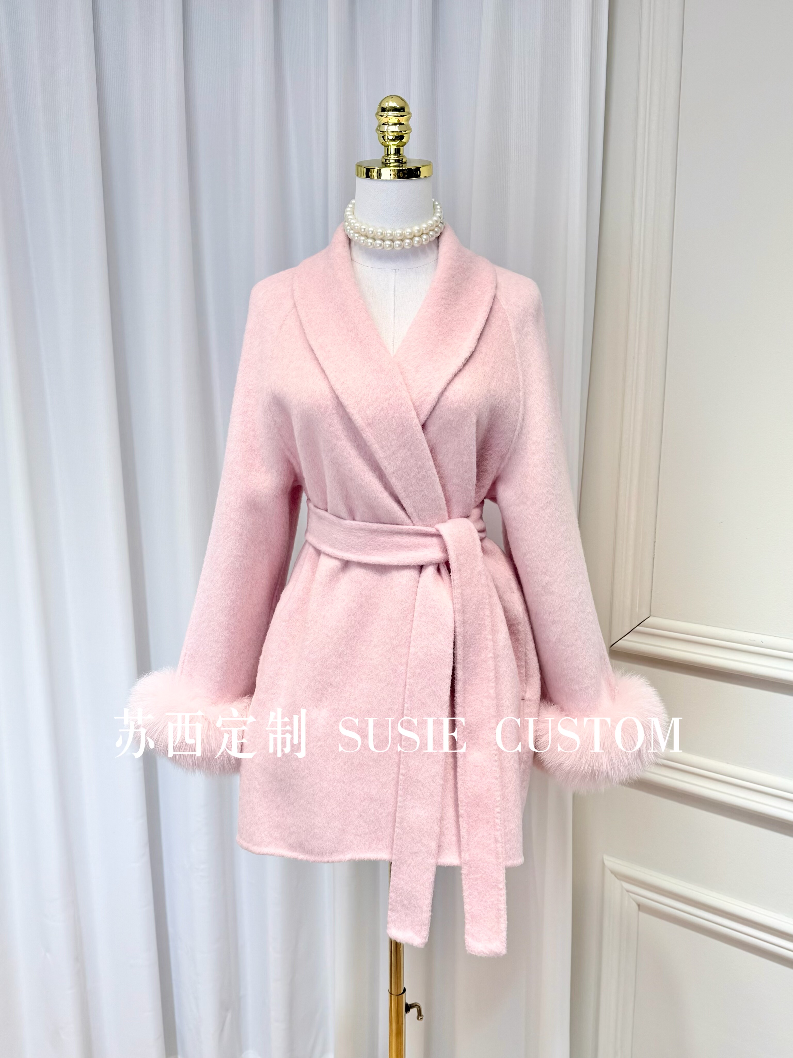 高定设计款法式气质名媛可拆卸狐狸毛袖口双面羊毛绑带大衣外套