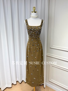 高定手工定制钉珠镶钻方领无袖 连衣裙礼服裙 背心收腰包臀开叉长款