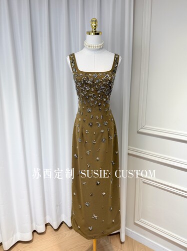 高定手工定制钉珠镶钻方领无袖背心收腰包臀开叉长款连衣裙礼服裙