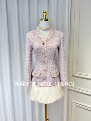 高定设计款温柔小香风V领木耳边粗花呢口袋盖拼接褶皱裙摆连衣裙