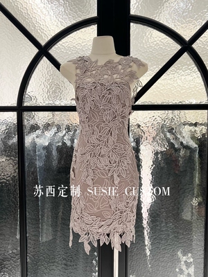 高定设计款法式复古镂空水溶刺绣蕾丝拼无袖背心收腰礼服裙连衣裙