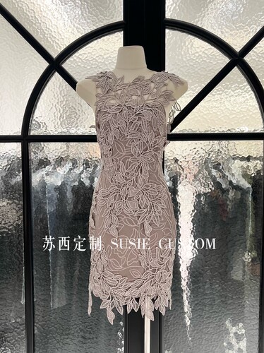 高定设计款法式复古镂空水溶刺绣蕾丝拼无袖背心收腰礼服裙连衣裙