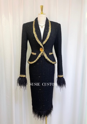 高定金边翻领V领真鸵鸟羽毛一粒扣外套高腰开叉包臀半裙粗呢套装