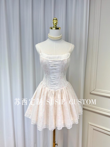 高定设计法式公主款绑带蕾丝碎花波点网纱吊带蓬蓬裙生日礼服裙
