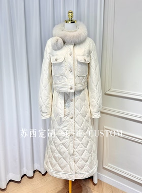 高定小香风大口袋格纹羽绒服外套上衣绑带A摆开叉半裙配毛毛领圈