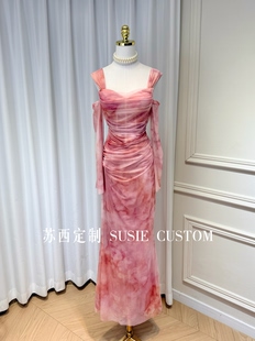 套 高定小众设计纯欲风显身材带胸垫鱼骨收腰晕染网纱鱼尾长裙无袖