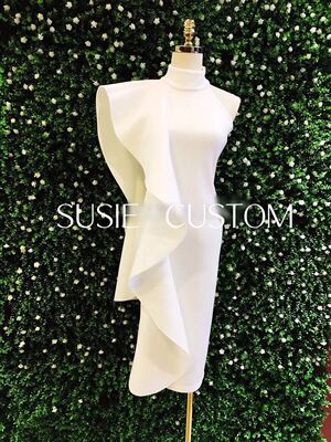 特卖！定制个性款不规则单肩荷叶边飞袖露肩修身显瘦连衣裙礼服