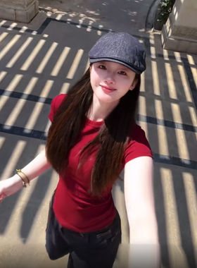 美式红色短袖T恤女夏季20