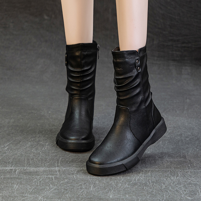 秋冬大码英伦风复古中筒靴2025秋冬新款平底加绒时尚潮流马丁短靴