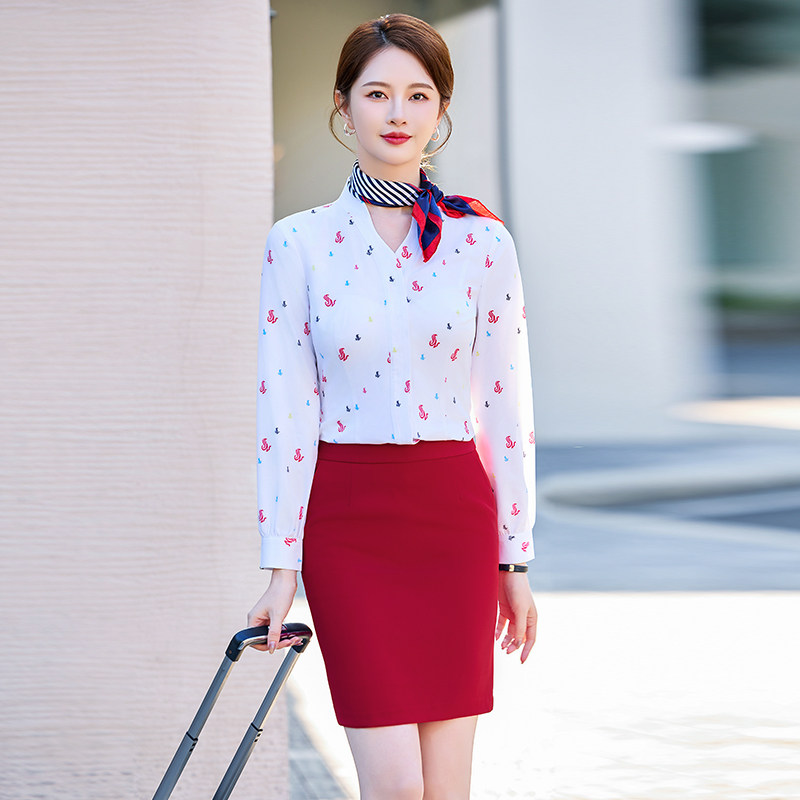 空姐制服职业衬衫女长袖V领印花白色衬衣高铁乘务员酒店接待工装