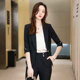 条纹中袖 职业装 女装 夏季 气质高端套裙美容师工作服 连衣裙2022新款