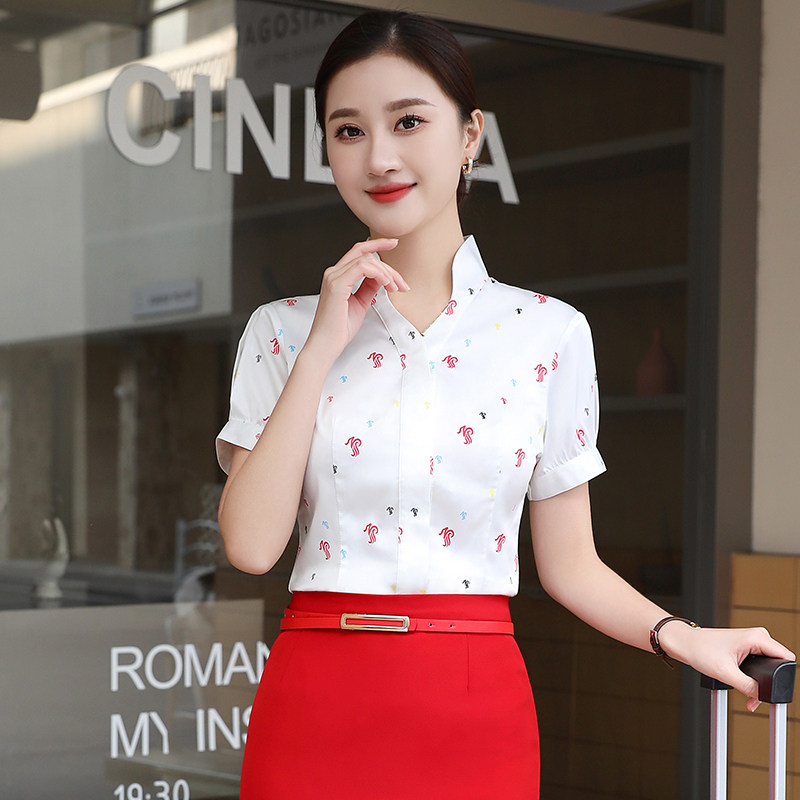 印花衬衫女职业正装航空空姐制服短袖立领复古碎花工装酒店工作服