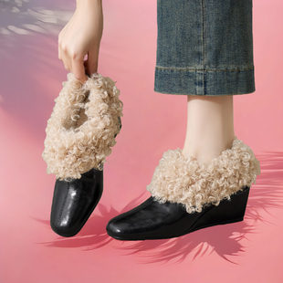 法式坡跟毛毛鞋冬季外穿2026新款方头玛丽珍鞋真皮加绒保暖单鞋女