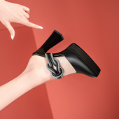 水钻防水台包头半拖黑色真皮凉拖 新款 高跟拖鞋 女尖头粗跟2026夏季