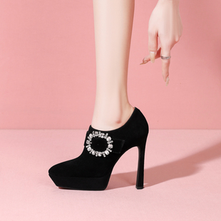 水钻方扣羊皮深口单鞋女2026春季气质尖头真皮防水台高跟鞋子细跟