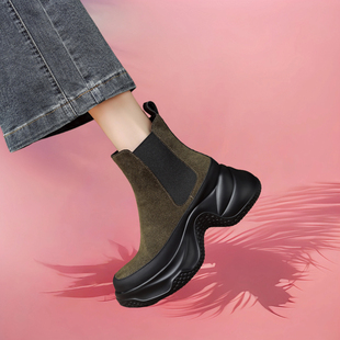 秋冬松糕厚底烟筒靴绿色切尔西靴2025新款 增高不累脚真皮休闲短靴