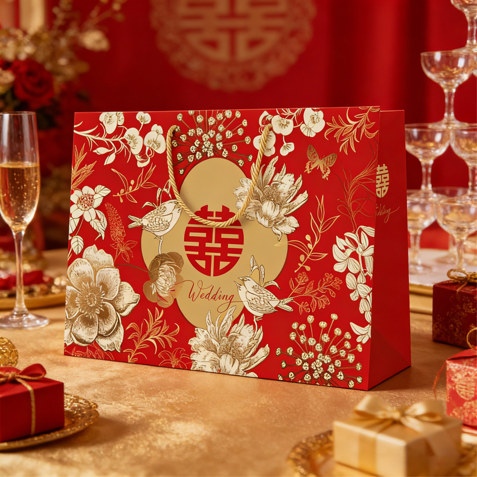 喜庆结婚礼品袋中式花鸟高级感手提袋大号红喜字婚礼礼品包装袋子