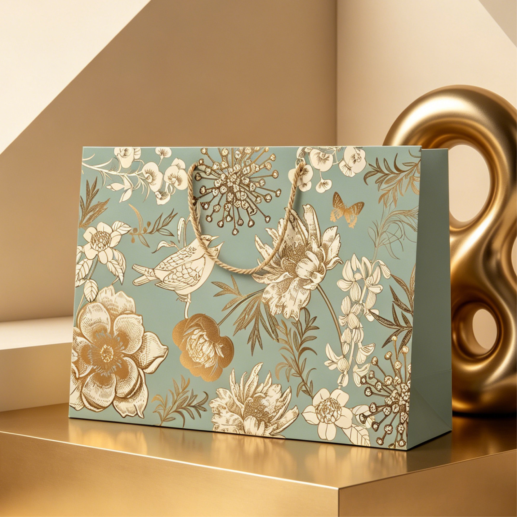 轻奢礼品袋高档服装包装袋加厚手提袋复古花鸟白卡纸购物袋可定制