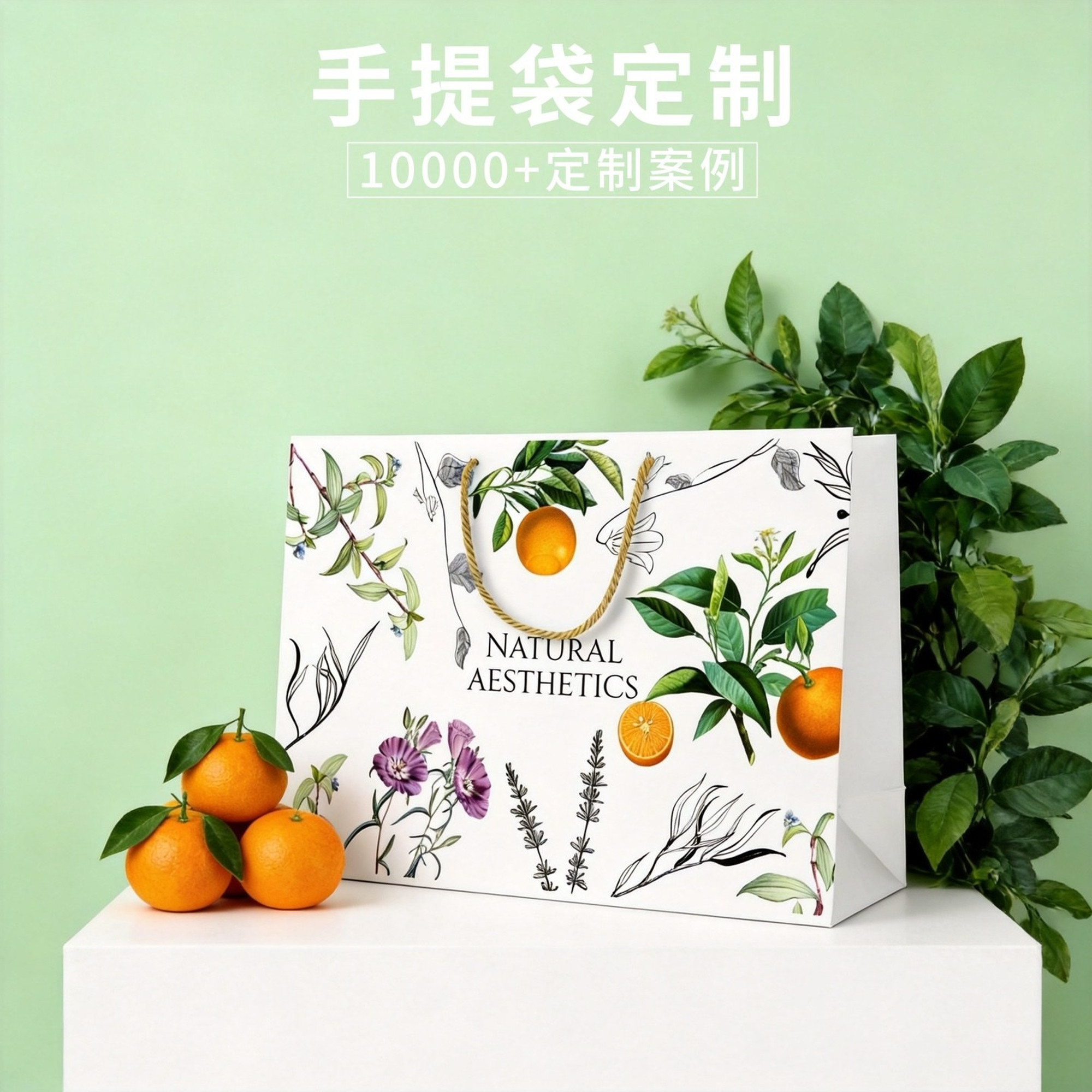 自然植物橙子手提袋礼品袋白卡纸袋现货批发定制包装袋