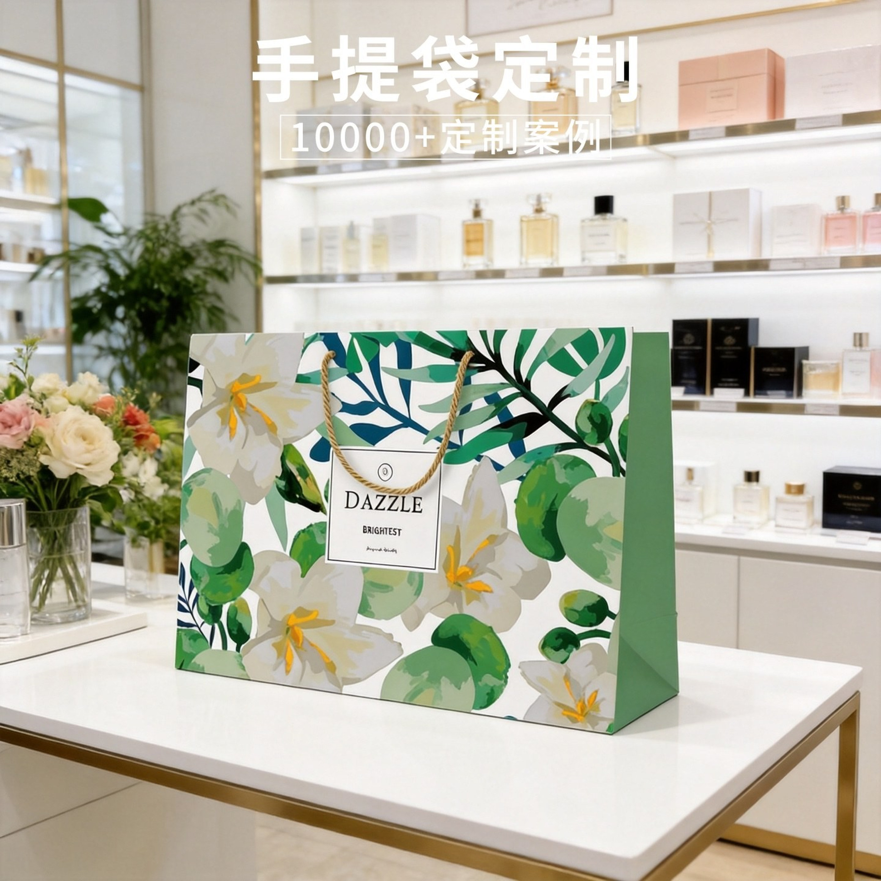 绿色热带花卉手提袋礼品袋白卡纸袋现货批发定制包装袋