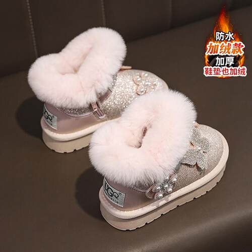 女童靴子雪地靴冬季加绒加厚儿童防水棉鞋中大童时尚女孩公主棉靴