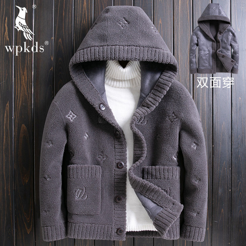 2024 새로운 양 전단 모피 남성 자켓 SHEARLING 짧은 후드 모피 가역 울 올인원 재킷