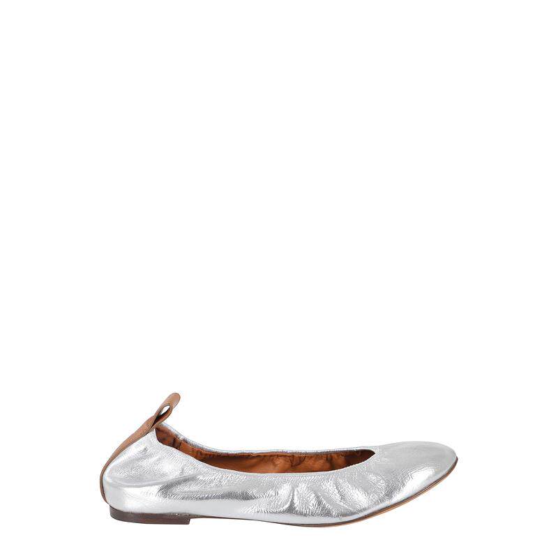 代购Lanvin女士芭蕾舞鞋轻便软底透气舒适银色圆头平跟系带