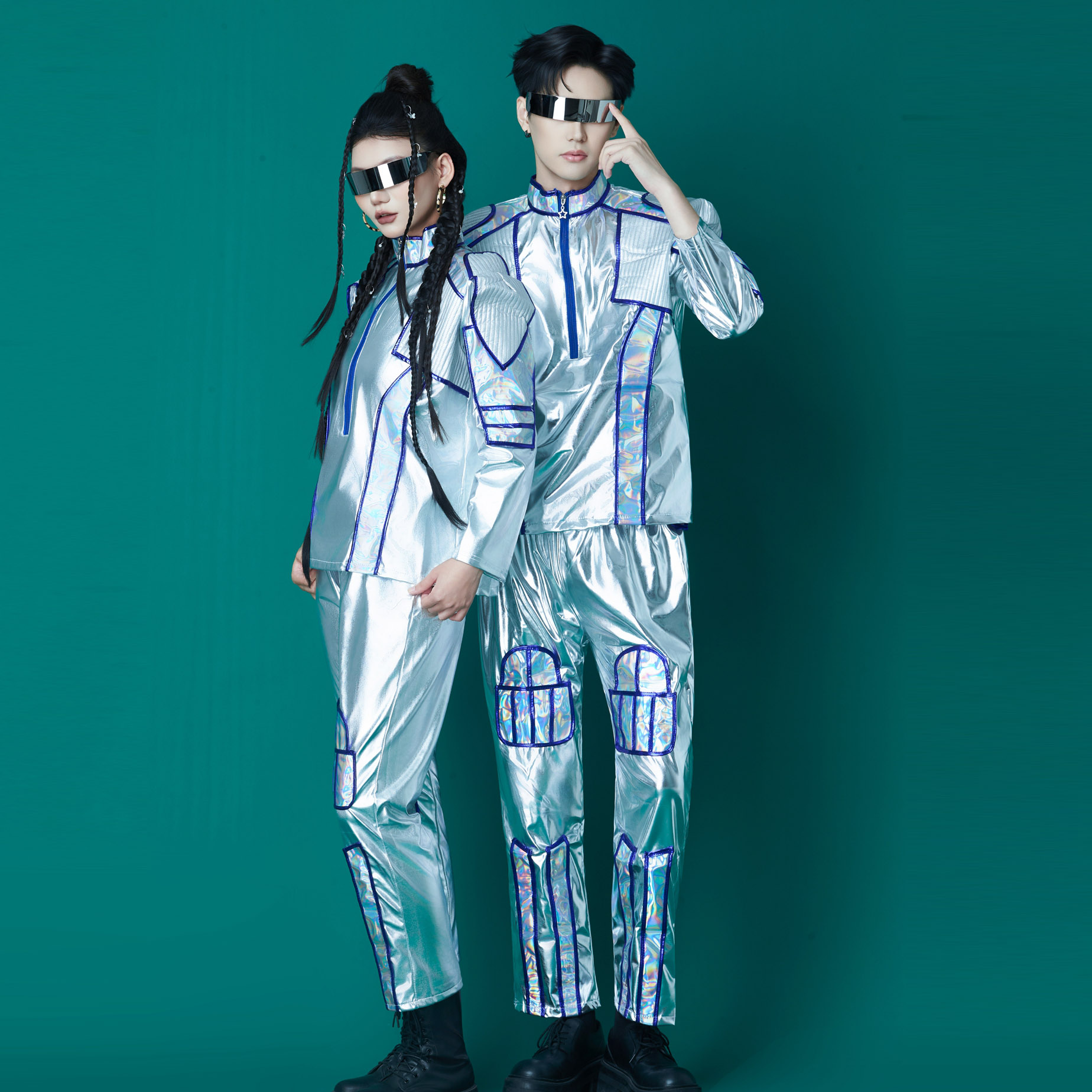 现代舞冲破云霄同款表演服科技服银色皮套装演出服机器人炫酷服装