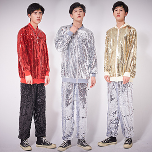 夜店男款歌手酒吧长袖外套金银色演出服大码卫衣男装潮亮片表演服