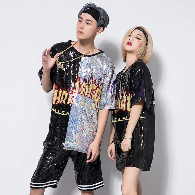 新款潮hiphop嘻哈情侣亮片演出服夜店dj现代街舞爵士舞表演服装
