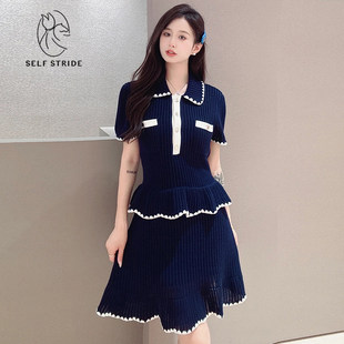 短裙 荷叶边撞色翻领针织洋装 早秋新款 藏青气质短袖