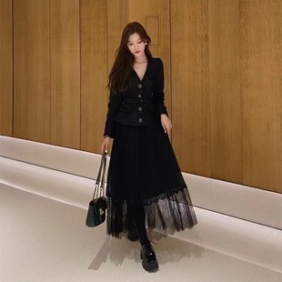 收腰雪纺拼接连衣裙长裙 黑色小香风V领粗花呢长袖 self stride