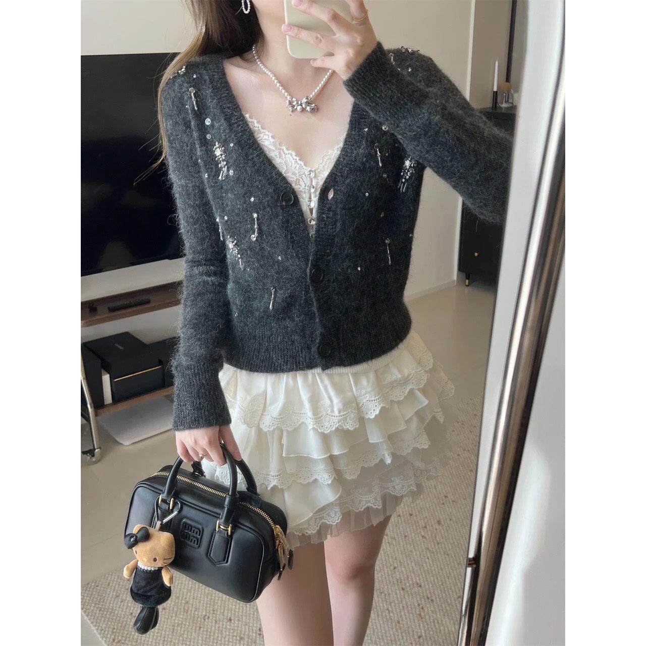 【赵露丝同款】self-stride 2025秋冬V领慵懒风宽松针织开衫外套