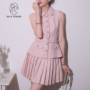 马甲款 新款 时尚 粉色亮片收腰假两件洋装 短裙 夏女装
