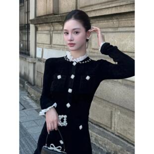 黑丝绒针织千金风法式 self 经典 2025秋冬新款 钻饰连衣裙 stride