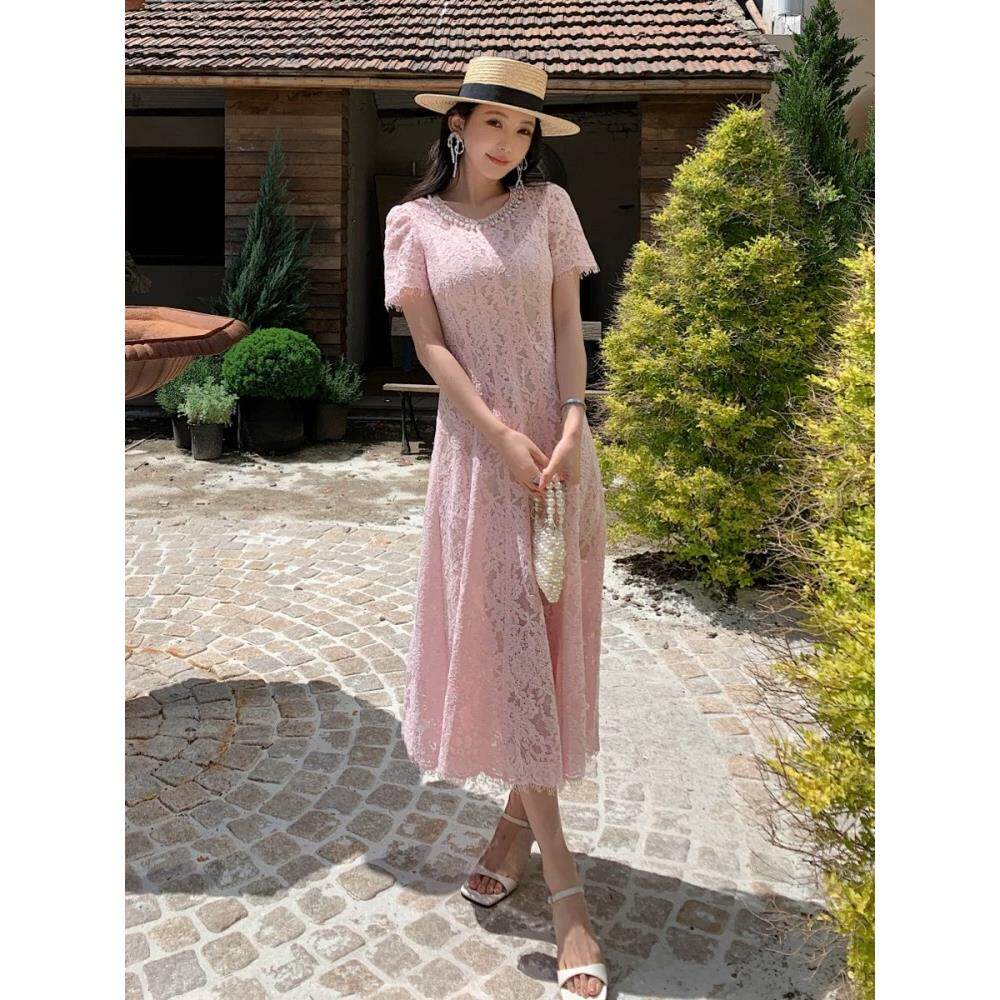 self-stride 2025春夏新款粉红色宴会珍珠圆领短袖蕾丝连衣裙长裙