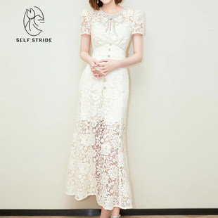 中长裙 象牙白蕾丝钻饰蝴蝶结高腰修身 明星同款 洋装
