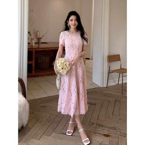 self-stride 2025新款粉色短袖蕾丝连衣裙修身高腰甜美千金长裙