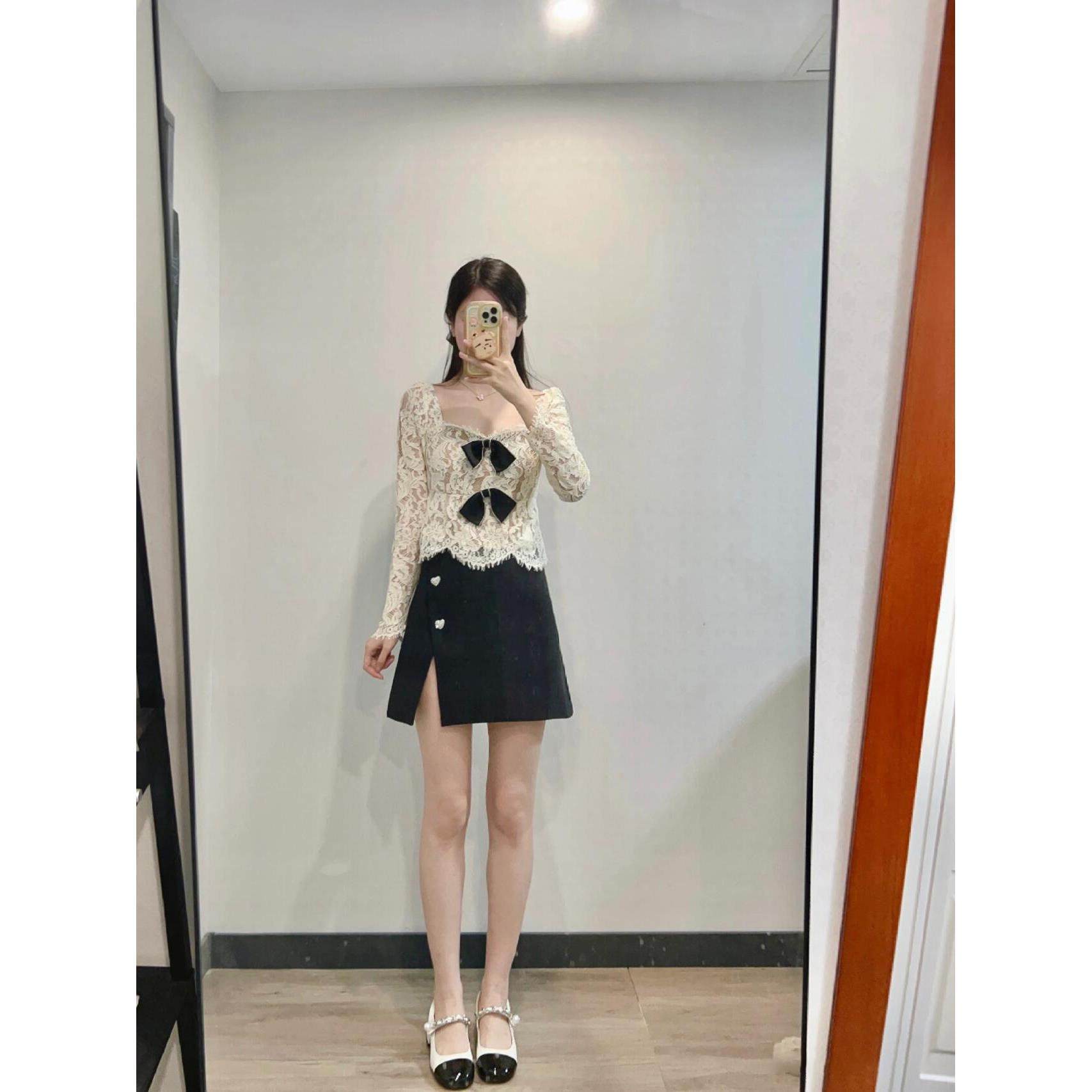 self-stride 2025蝴蝶结蕾丝长袖衬衫半身修身短裙千金风名媛套装