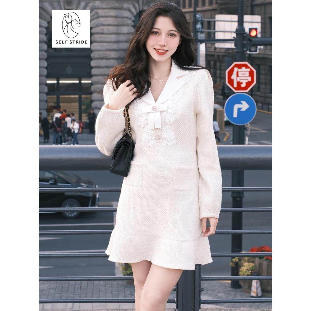 2025早春新款法式小香风象牙白亮片长袖针织连衣裙