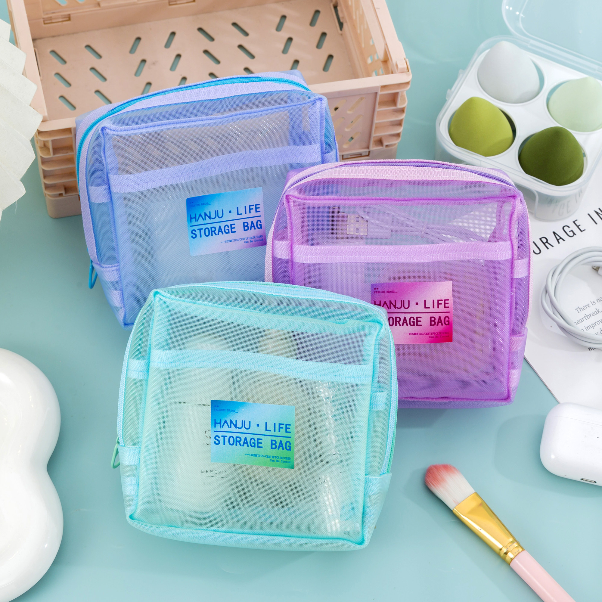 便携女网纱化妆包大容量网格豆腐方形包收纳包口红气垫卡包旅游包